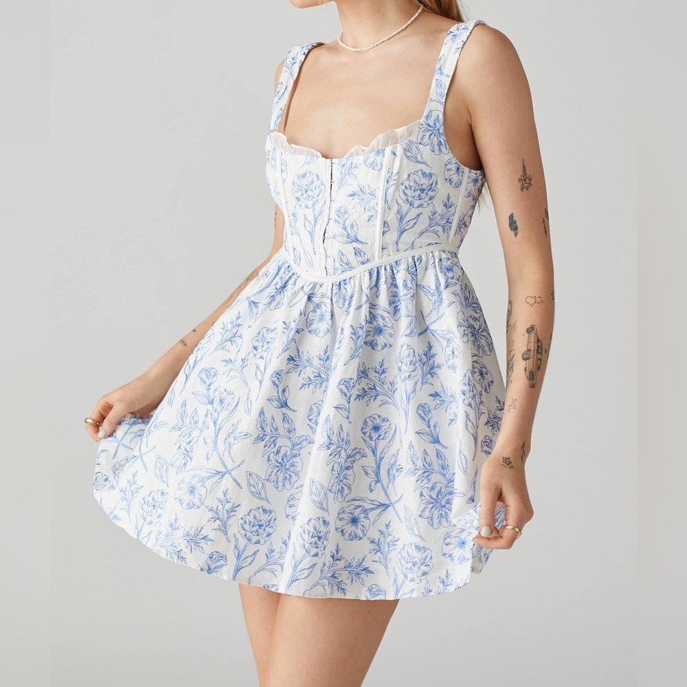 For Love and Lemons Maisie Mini Dress Floral Blue and White